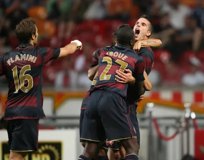 Framed Print : Euphoria Unleashed: Van Persie's Historic Goal Celebration with Eboue, Eduardo, and Flamini (Arsenal 1-0 Ajax, 2007) Framed Print : Euphoria Unleashed: Van Persie's Historic Goal Celebration with Eboue, Eduardo, and Flamini (Arsenal 1-0 Ajax, 2007)