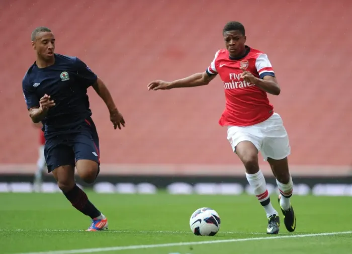 Framed Print : Exclusive: Chuba Akpom Breaks Past Blackburn's Henley in Arsenal U21 Clash