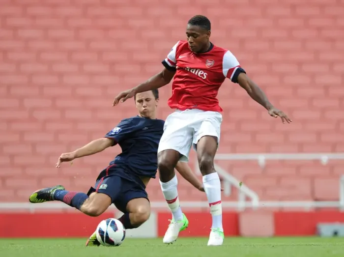 Framed Print : Exclusive: Chuks Aneke vs. John O'Sullivan - Arsenal U21 vs. Blackburn Rover U21, 2012-13