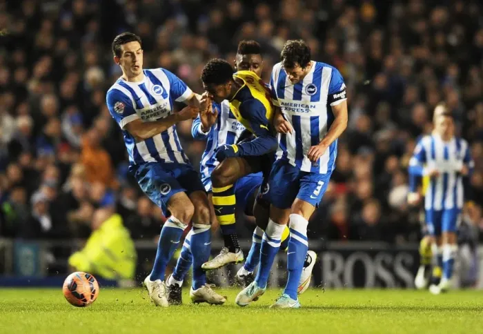 Framed Print : FA Cup: Arsenal's Chuba Akpom Fouled by Brighton's Greer and Dunk Framed Print : FA Cup: Arsenal's Chuba Akpom Fouled by Brighton's Greer and Dunk