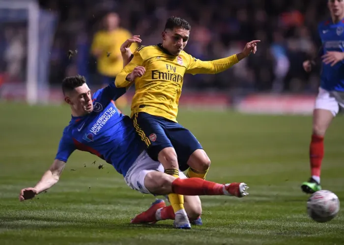Framed Print : FA Cup Fifth Round: Torreira Fouled by Bolton - Portsmouth vs. Arsenal (2020) Framed Print : FA Cup Fifth Round: Torreira Fouled by Bolton - Portsmouth vs. Arsenal (2020)
