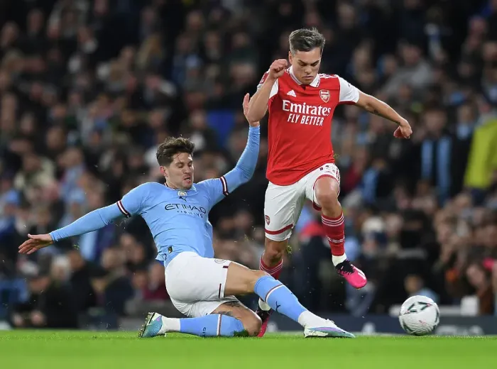 Framed Print : FA Cup Showdown: Trossard vs Stones - A Battle of Champions at Etihad Stadium (2022-23)