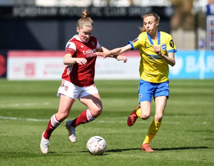 Framed Print : FA WSL 2021: A Head-to-Head Battle between Kim Little (Arsenal) and Ellie Brazil (Brighton) at Empty Meadow Park