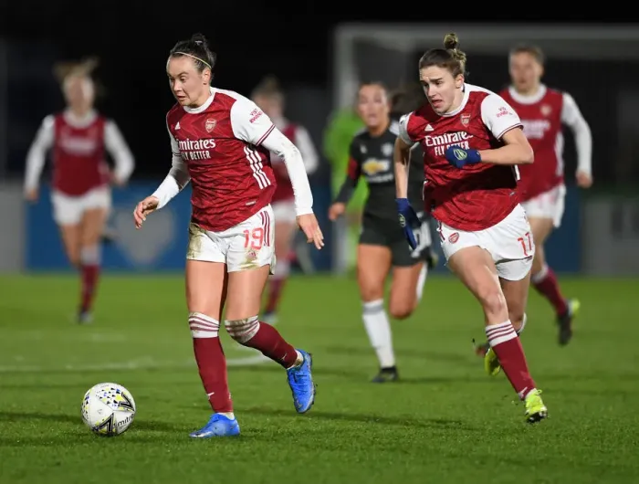 Framed Print : FA WSL Showdown: Caitlin Foord vs Vivianne Miedema - Arsenal Women vs Manchester United Women in Empty Meadow Park