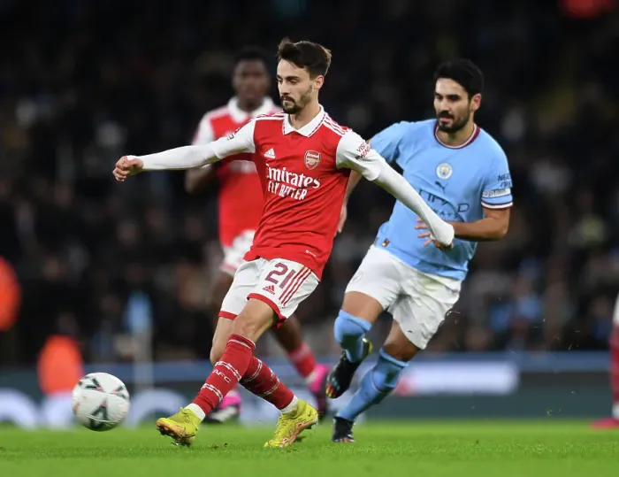 Framed Print : Fabio Vieira vs Ilkay Gundogan: Clash of the Midfield Maestros - Manchester City vs Arsenal, Emirates FA Cup Fourth Round