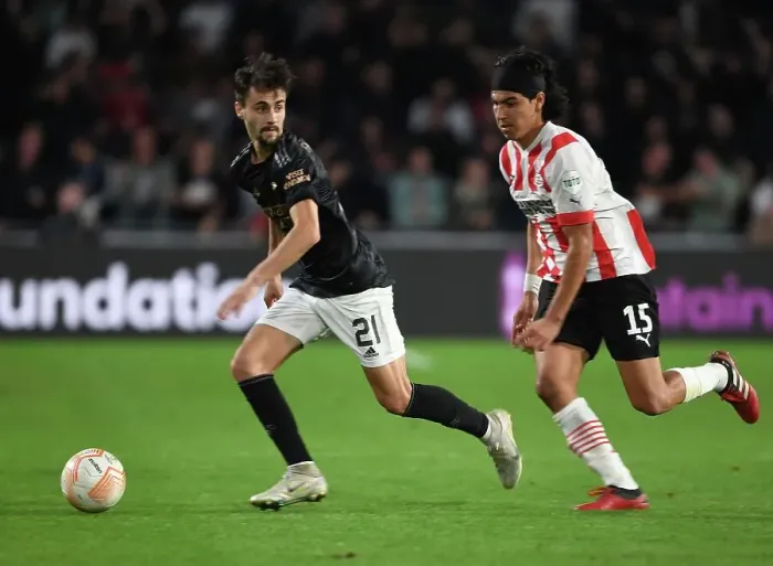 Framed Print : Fabio Vieira's Masterful Outmaneuver: Arsenal's Game-Changing Moment vs PSV in Europa League (2022-23)