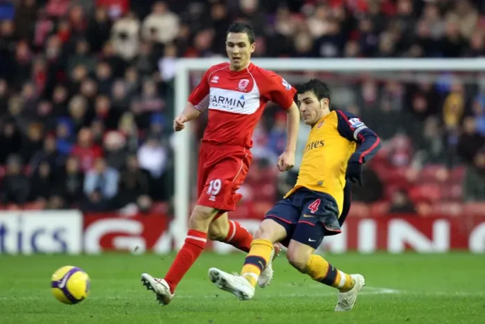 Framed Print : Fabregas vs. Downing: 1:1 Stalemate in the Barclays Premier League at Riverside Stadium, December 2008