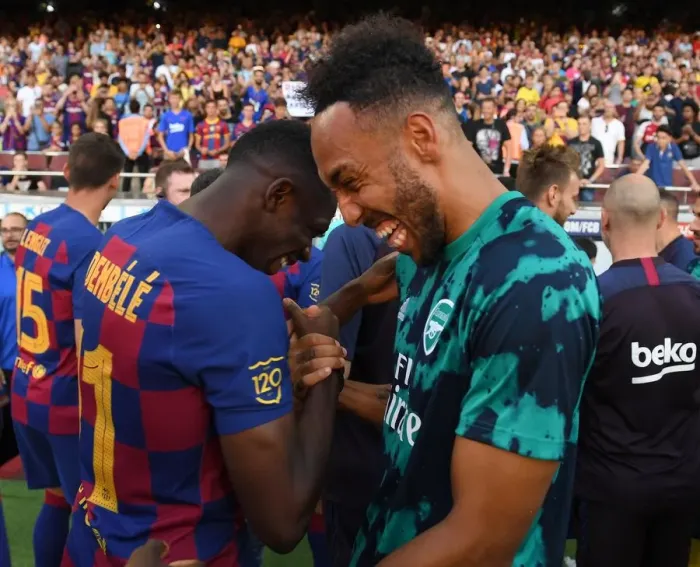 Framed Print : FC Barcelona vs. Arsenal: Aubameyang and Dembele Clash in Pre-Season Friendly