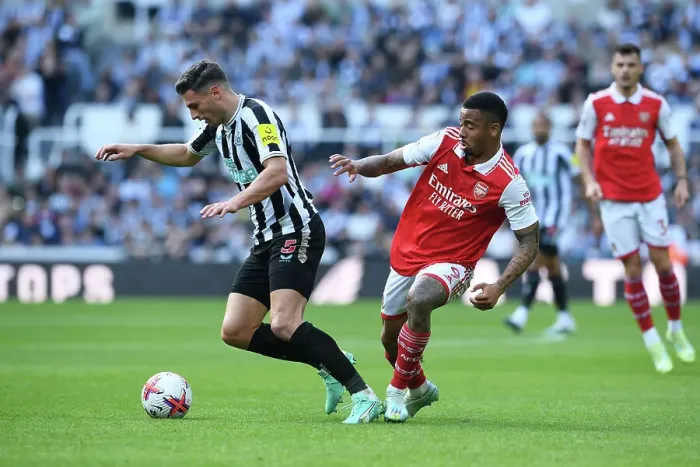 Framed Print : Fierce Rivalry: Gabriel Jesus vs. Fabian Schaer Clash in Newcastle United vs. Arsenal FC Premier League Showdown