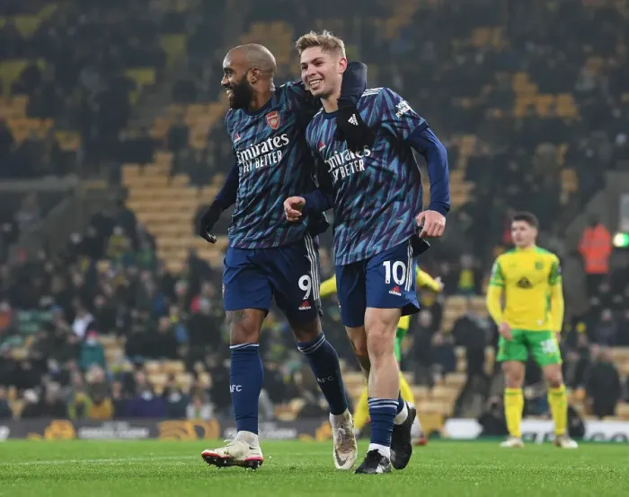 Framed Print : Five-Star Arsenal: Emile Smith Rowe and Alexandre Lacazette Celebrate Goals Against Norwich City
