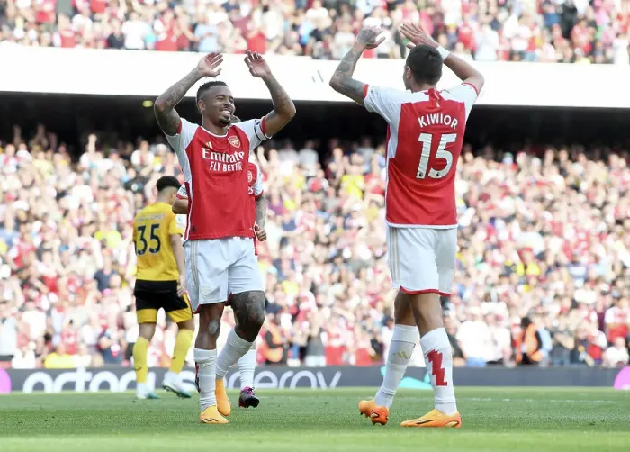 Framed Print : Five-Star Arsenal: Kiwior and Jesus's Goal Celebration (2022-23) Framed Print : Five-Star Arsenal: Kiwior and Jesus's Goal Celebration (2022-23)