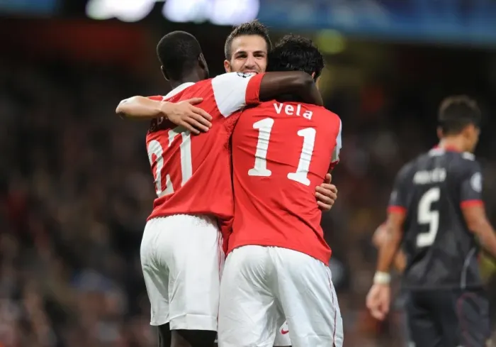 Framed Print : Five-Star Arsenal: Vela, Eboue, and Fabregas Triumphant Celebration in Arsenal's 6-0 Victory Framed Print : Five-Star Arsenal: Vela, Eboue, and Fabregas Triumphant Celebration in Arsenal's 6-0 Victory