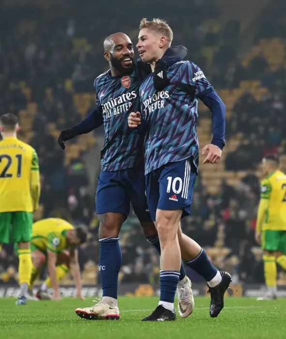 Framed Print : Five-Star Finish: Emile Smith Rowe and Alexandre Lacazette's Euphoric Goal Celebration (Arsenal vs Norwich City 2021-22) Framed Print : Five-Star Finish: Emile Smith Rowe and Alexandre Lacazette's Euphoric Goal Celebration (Arsenal vs Norwich City 2021-22)