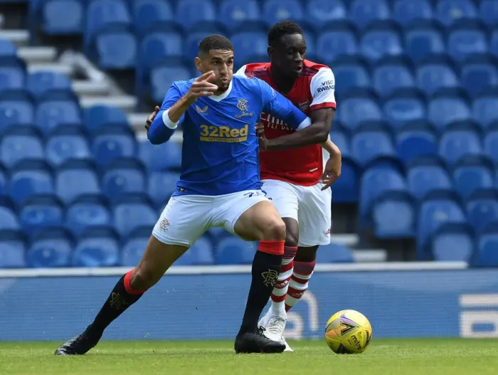 Framed Print : Flo Balogun Faces Off Against Leon Balogun: Rangers vs. Arsenal Pre-Season Clash, Glasgow 2021 Framed Print : Flo Balogun Faces Off Against Leon Balogun: Rangers vs. Arsenal Pre-Season Clash, Glasgow 2021
