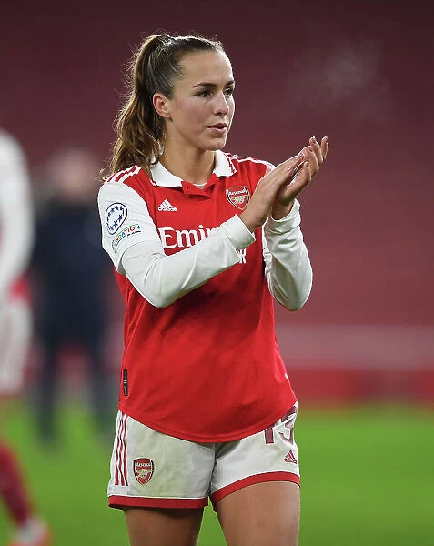 Focus and Determination: Kim Little's Pre-Match Ritual with Arsenal FC in the Changing Room before Arsenal vs. Olympique Lyonnais, UEFA Women's Champions League, 2022-23