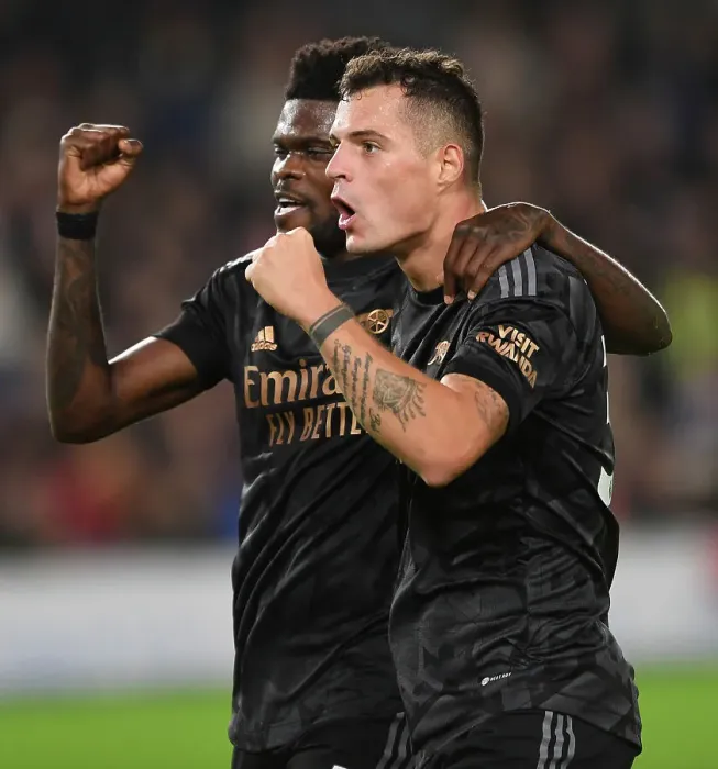 Framed Print : Fourth Goal Celebration: Xhaka and Partey Ignite Arsenal's Victory Over Brighton (2022-23) Framed Print : Fourth Goal Celebration: Xhaka and Partey Ignite Arsenal's Victory Over Brighton (2022-23)