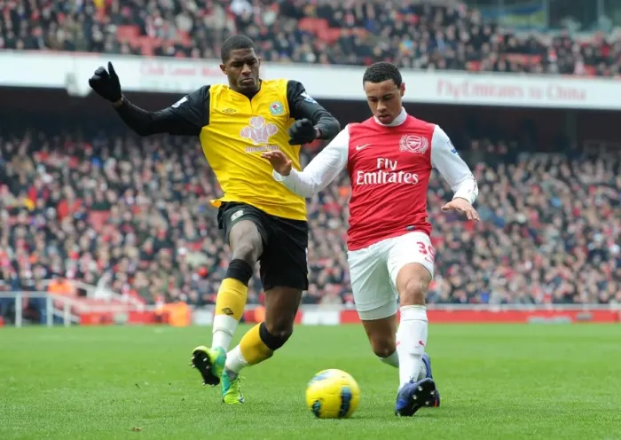 Framed Print : Francis Coquelin (Arsenal) Anthony Modeste (Rovers). Arsenal 7: 1 Blackburn Rovers