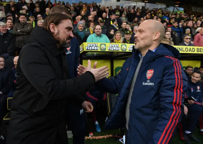 Framed Print : Freddie Ljungberg and Daniel Farke: A Pre-Match Handshake Ahead of Norwich City vs. Arsenal FC (Premier League, December 2019)
