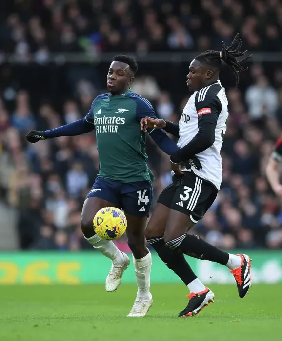 Framed Print : Fulham vs Arsenal: Nketiah vs Bassey Clash in the Premier League, London 2023 Framed Print : Fulham vs Arsenal: Nketiah vs Bassey Clash in the Premier League, London 2023