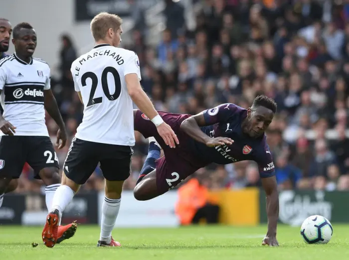 Framed Print : Fulham's Le Marchand Fouls Arsenal's Welbeck: Premier League 2018-19