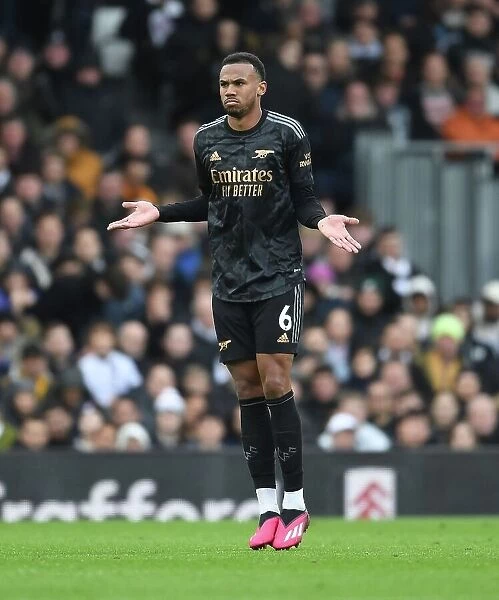 Gabriel of Arsenal in Action Against Fulham in the Premier League, London 2023
