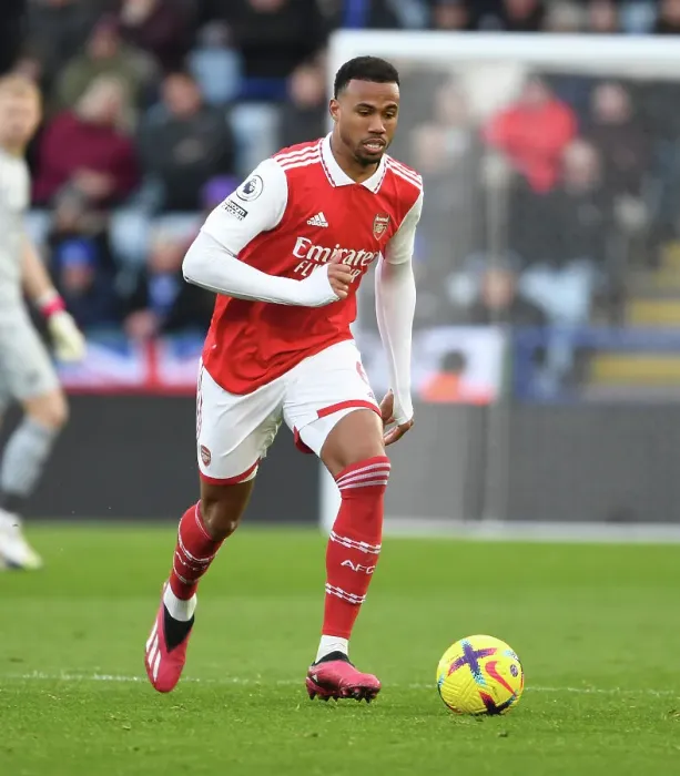 Framed Print : Gabriel of Arsenal in Action against Leicester City - Premier League 2022-23