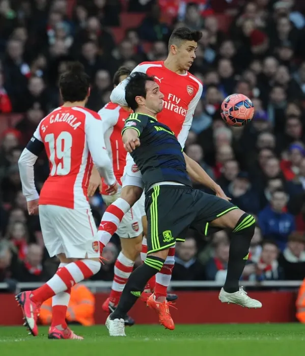 Framed Print : Gabriel (Arsenal) Kike (Middlesbrough). Arsenal 2: 0 Middlesbrough. FA Cup 5th Round