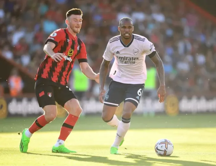 Framed Print : Gabriel Clashes with Kieffer Moore: Intense Moment from AFC Bournemouth vs Arsenal FC, Premier League 2022-23