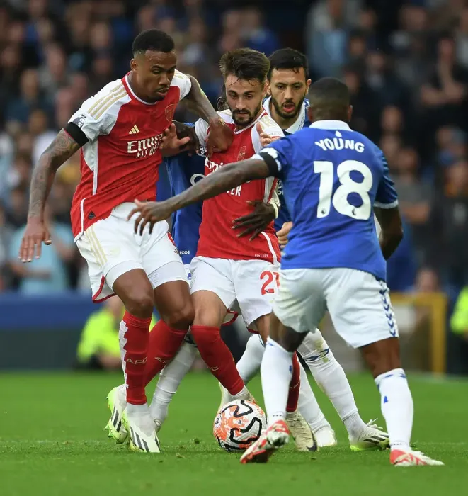 Framed Print : Gabriel and Fabio Vieira vs. Ashley Young: Everton vs. Arsenal, Premier League 2023-24