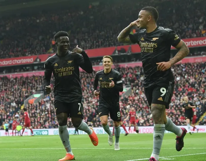 Framed Print : Gabriel Jesus and Bukayo Saka Celebrate Arsenal's Goals Against Liverpool in the 2022-23 Premier League