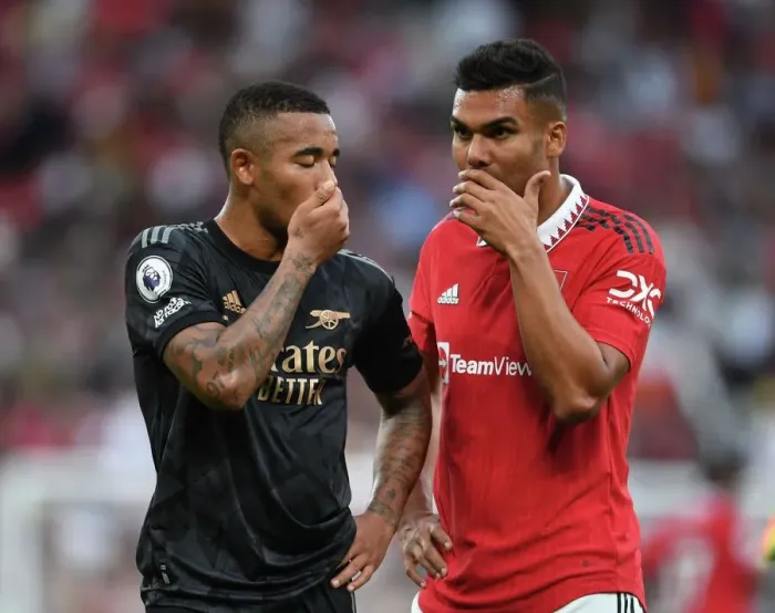 Framed Print : Gabriel Jesus and Carlos Casemiro Lock Horns: Manchester United vs. Arsenal Football Club, Premier League 2022-23