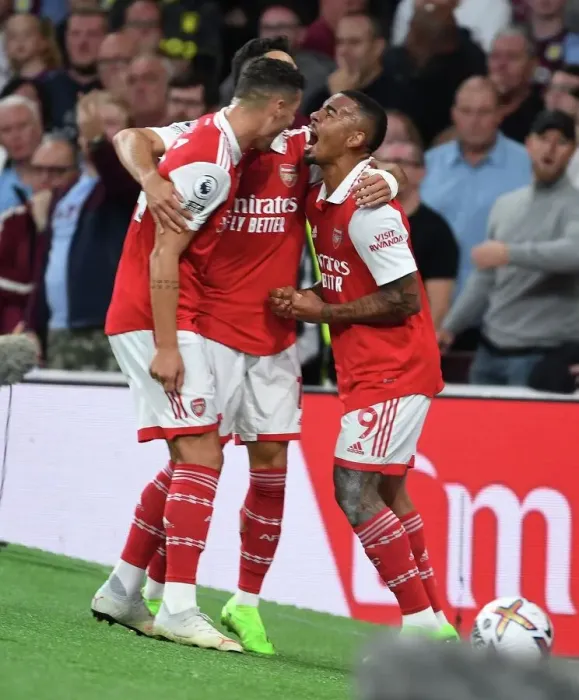 Framed Print : Gabriel Jesus and Granit Xhaka Celebrate Arsenal's First Goal Against Aston Villa (2022-23)