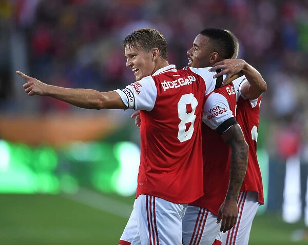 Gabriel Jesus and Martin Odegaard Celebrate Arsenal's First Goal Against Chelsea in Florida Cup 2022-23