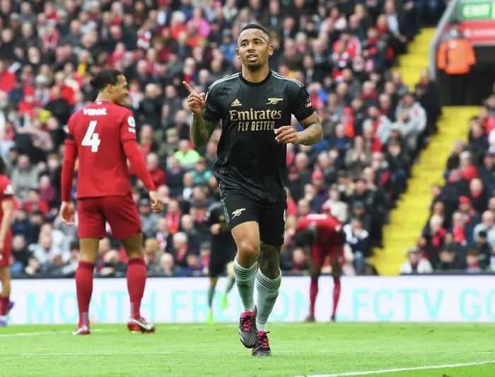 Framed Print : Gabriel Jesus Scores Arsenal's Second Goal: Liverpool FC vs Arsenal FC, Premier League 2022-23