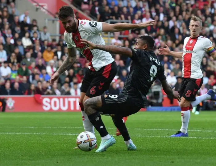 Framed Print : Gabriel Jesus vs Duje Caleta-Car: Intense Battle in Southampton v Arsenal Premier League Clash