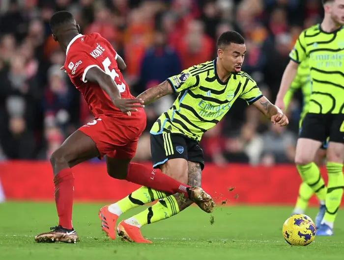 Framed Print : Gabriel Jesus vs Ibrahima Konate: Battle at Anfield - Liverpool vs Arsenal, Premier League 2023-24