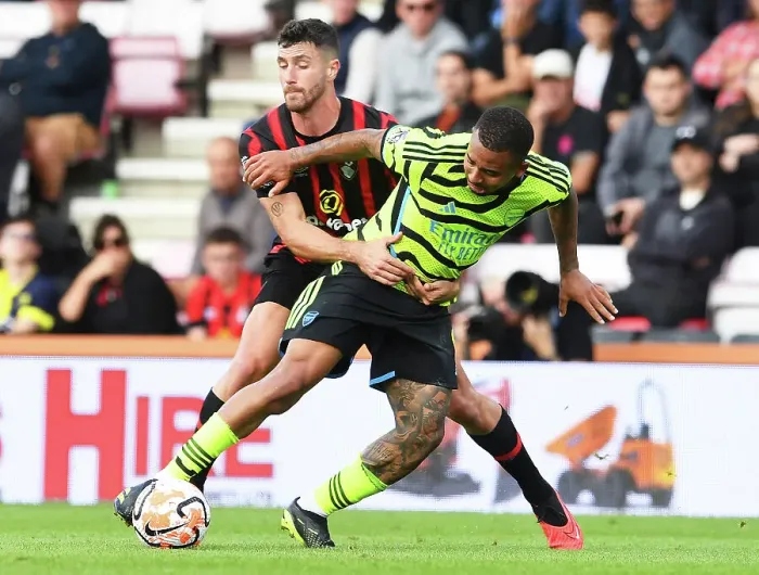 Framed Print : Gabriel Jesus vs Marcos Senesi: Intense Clash in AFC Bournemouth vs Arsenal FC Premier League Match, 2023-24