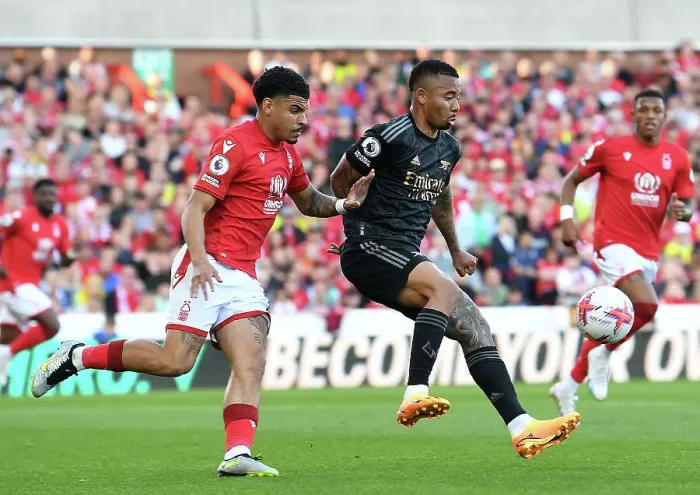 Framed Print : Gabriel Jesus vs Morgan Gibbs-White: Intense Clash in Nottingham Forest vs Arsenal FC Premier League Match