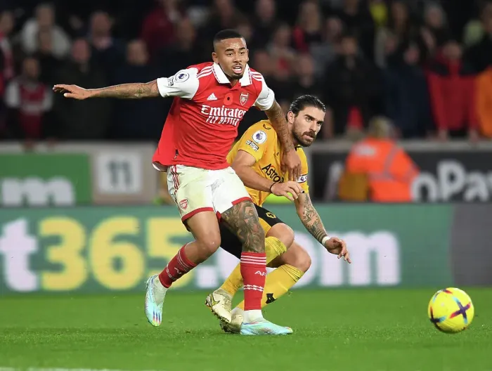 Framed Print : Gabriel Jesus vs Ruben Neves: Intense Battle in Wolverhampton Wanderers vs Arsenal FC Premier League Clash