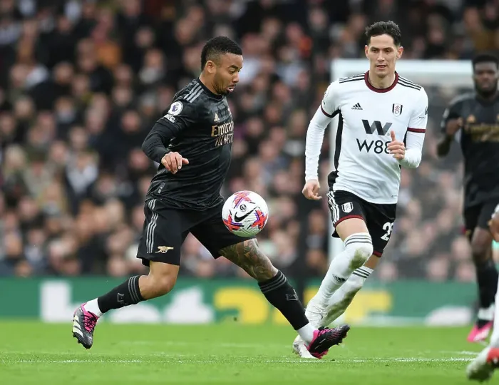 Framed Print : Gabriel Jesus vs Sasa Lukic: Intense Battle at Craven Cottage - Fulham vs Arsenal, Premier League 2022-23
