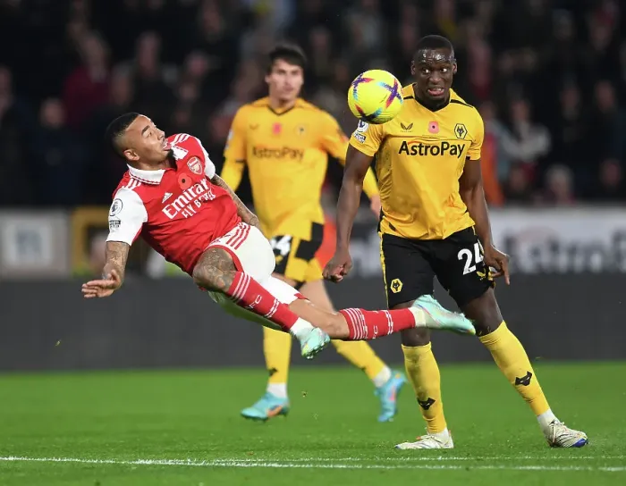 Framed Print : Gabriel Jesus vs. Toti: Intense Clash between Wolverhampton Wanderers and Arsenal FC in the Premier League