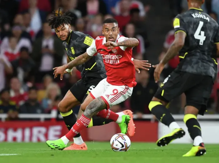Framed Print : Gabriel Jesus vs Tyrone Mings: A Premier League Face-Off at the Emirates Framed Print : Gabriel Jesus vs Tyrone Mings: A Premier League Face-Off at the Emirates