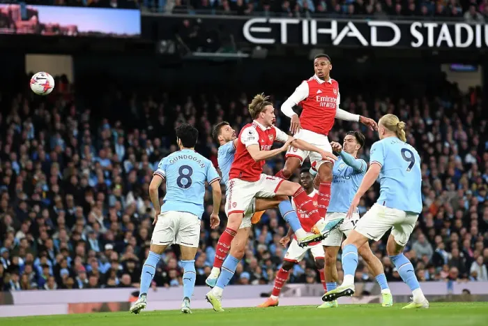 Framed Print : Gabriel Leaps for the Ball: Manchester City vs. Arsenal, Premier League 2022-23 Framed Print : Gabriel Leaps for the Ball: Manchester City vs. Arsenal, Premier League 2022-23