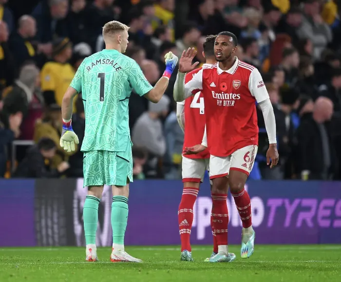 Framed Print : Gabriel Magalhaes and Aaron Ramsdale of Arsenal in Action against Wolverhampton Wanderers (2022-23)