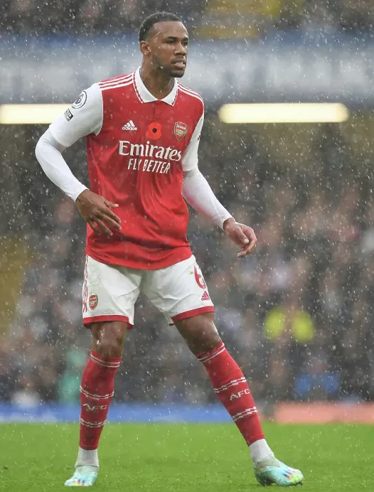 Framed Print : Gabriel Magalhaes Faces Off Against Chelsea: Arsenal vs. Chelsea, Premier League 2022-23