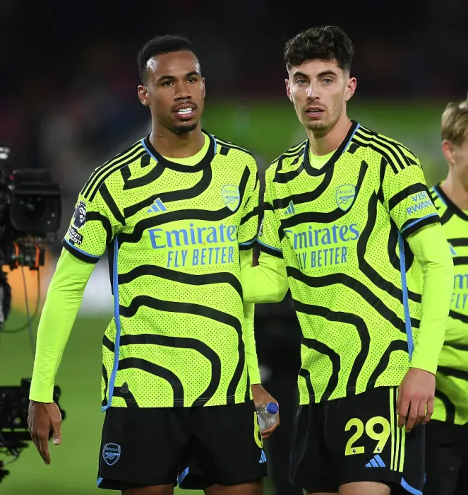 Framed Print : Gabriel Magalhaes and Kai Havertz Clash After Brentford vs Arsenal Premier League Match, 2023-24