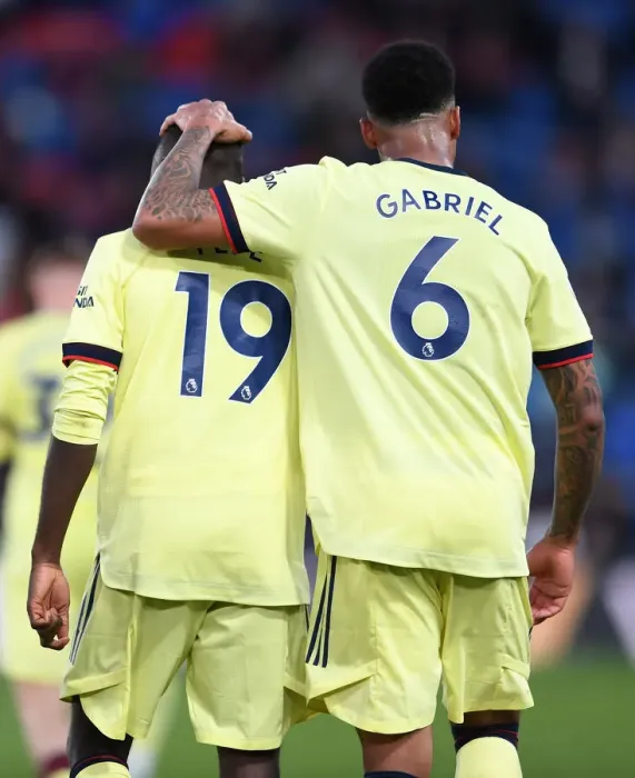 Framed Print : Gabriel Magalhaes and Nicolas Pepe Celebrate Arsenal's Third Goal vs Crystal Palace (May 2021)