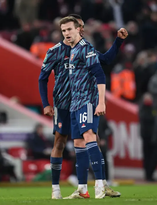 Framed Print : Gabriel Magalhaes and Rob Holding of Arsenal Reunite After Carabao Cup Semi-Final Clash Against Liverpool