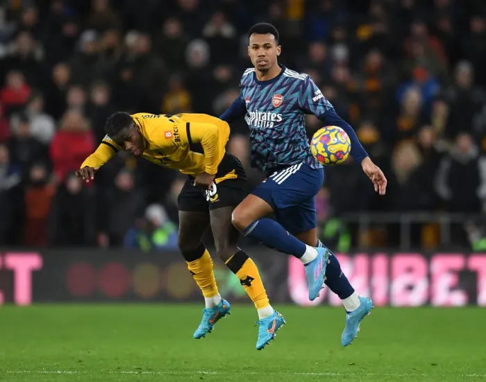 Framed Print : Gabriel Magalhaes vs. Francisco Trincao: Intense Clash Between Wolverhampton Wanderers and Arsenal in Premier League