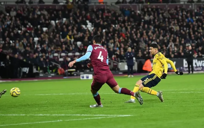 Framed Print : Gabriel Martinelli Scores First Goal: West Ham United vs. Arsenal FC, Premier League 2019-20